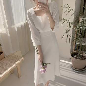 

Design Summer Dress Women Square Collar white dress Sashes Elegant Office Lady Fashion Solid dresses ka885