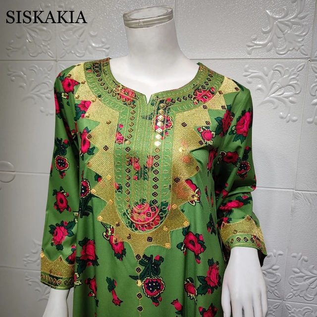 Siskakia Arabic Dubai Hijab Dress For Women Green Ramadan Eid  Jalabiya Fashion Muslim Moroccan Kaftan Turkey Islamic Clothing 6