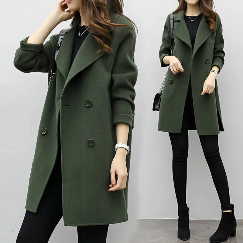

feminine coat Winter and Autumn Overcoat Female Turn-lapel Double-breasted Plain Coat Wool Shaping Temperament mostly female -85