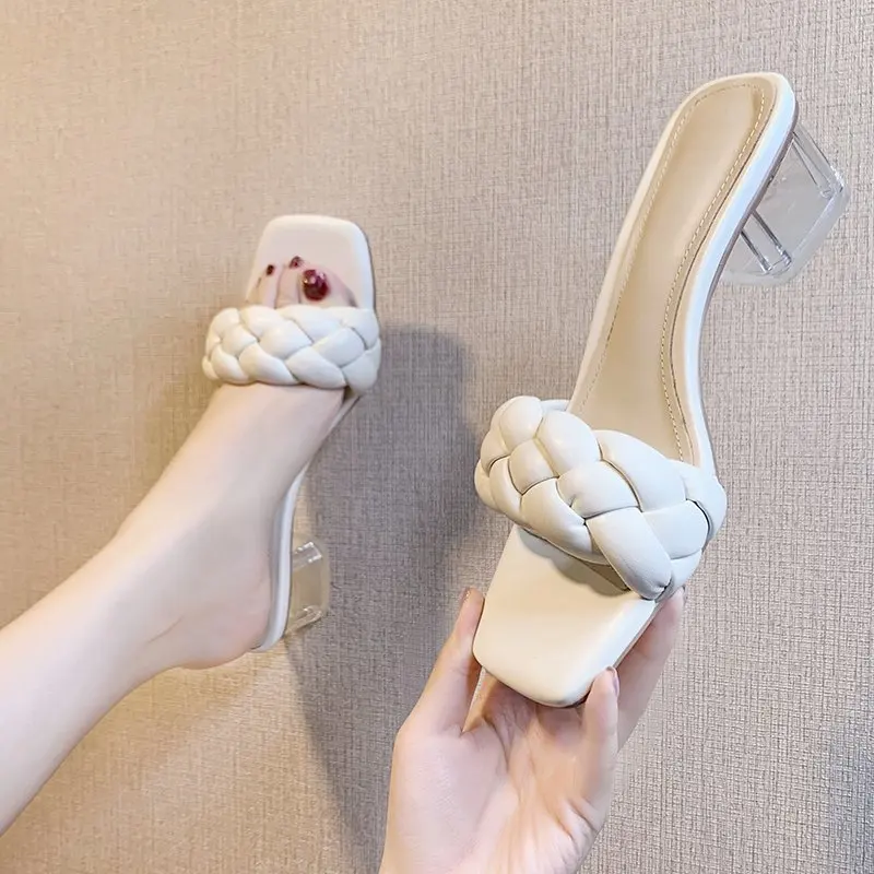 Zapatillas transparentes de tacón alto para mujer, zapatos de tacón cuadrado con punta cuadrada, de cuero, sexys, para verano