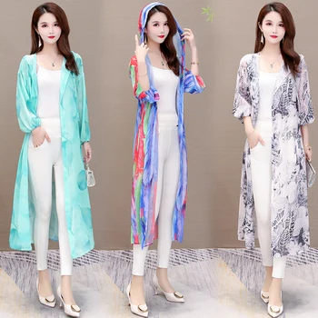

COIGARSAM 4XL Plus Size Hooded Shirt Womens tops New Spring Chiffon Loose Voile Women shirts Gray Green Blue 9790