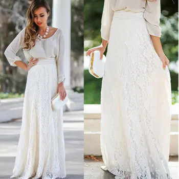 

Women Double Lace Layer Chiffon Pleated Maxi Dress Elastic Waist Skirt