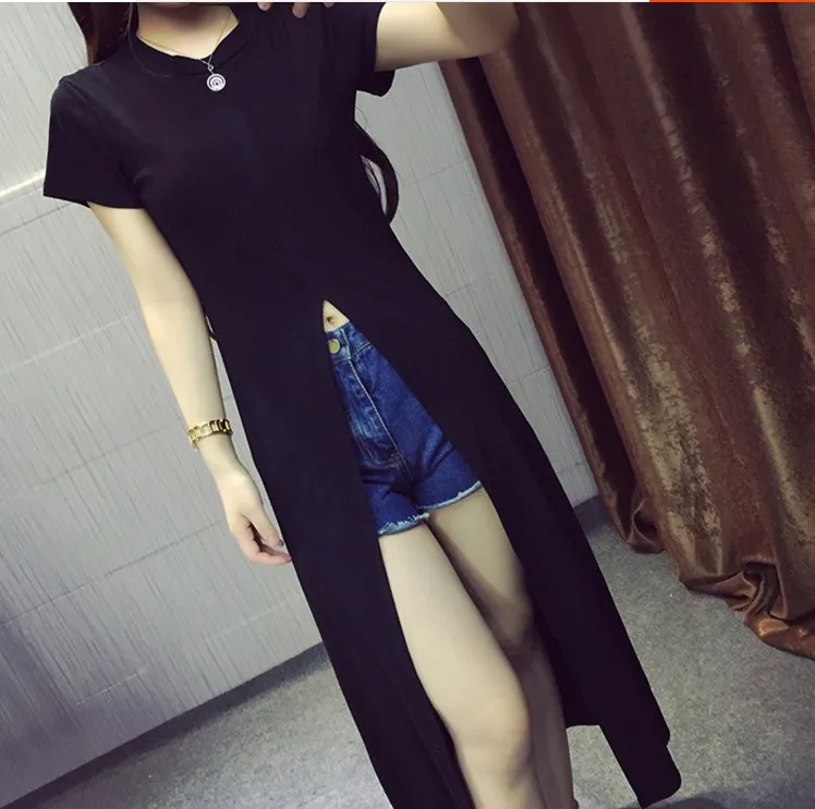 Popular Black Женское летнее платье с круглым вырезом черный короткий рукав спереди вырез до середины икры Vestidos - Цвет: Popular Black