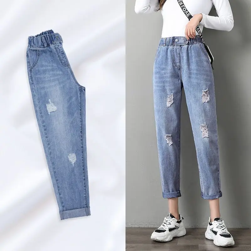 

Women's Harlan Jeans Loose Straight Large Size Lightweight New Thinning Elastic High Waist Ripped Nine Pants Pants Mom Jeans