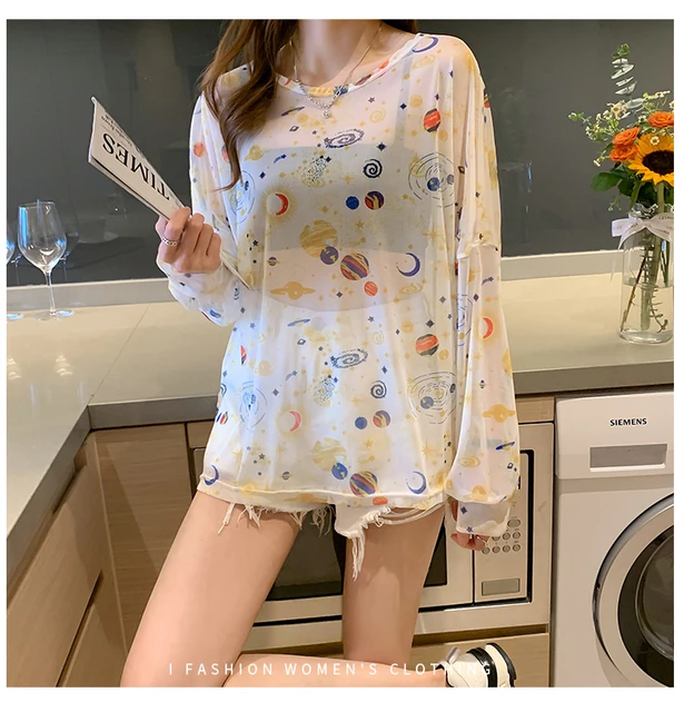 Disney 2021 Summer Famous Anime Mickey Mouse Brand Mesh Shirt Women Sun Protection Transparent Long Sleeve Blouse Ladies T-shirt 3757 white
