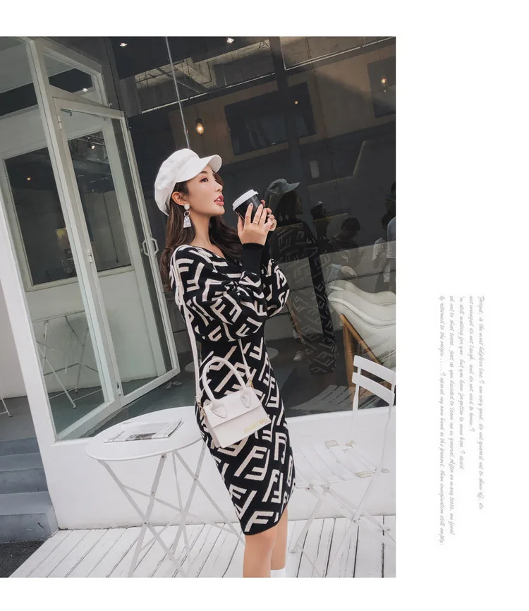 Осень и зима стиль корейский стиль элегантный v-образный вырез рукав летучая мышь Талия обнимает вязаный модный жаккардовый свитер платье-футляр