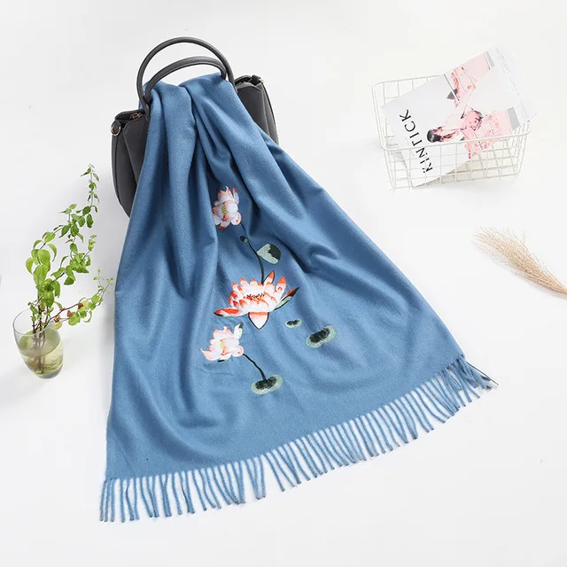 light blue Зимний шарф женский с вышивкой кашемировая пашминовая шаль модные шарфы и шали роскошный бренд шарф для женщин акриловый шарф - Цвет: light blue