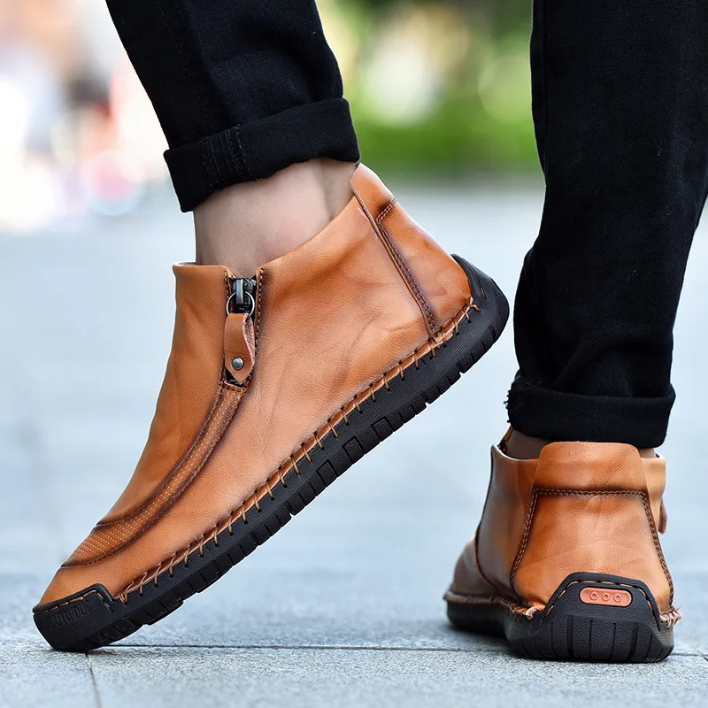 Men Casual Shoes Genuine Leather Men Work Boots Winter Cotton Loafers Cowhide Footwear Warm Cloth Shoes Ankle Safety Boots - Цвет: Коричневый