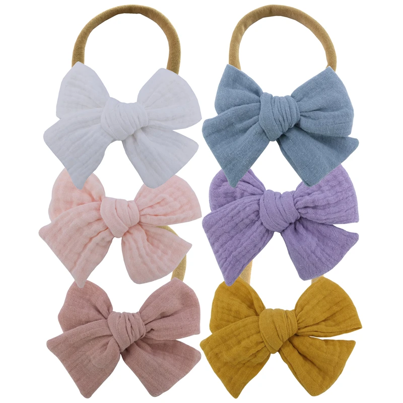 Toddler Baby Girls Muslin Cotton Gauze Bow Nylon Headbands Hair Bow Fully Lined Clips Barrettes Kids Hairgrips Hairbands