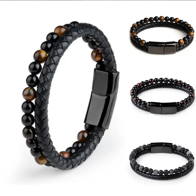 

New 1Set Adjustable Fashion Men Jewelry Elastic PU.Genuine Leather Bracelet Natural Stone 3 Colors