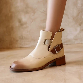 

Concise Ankle Boots Ladies Genuine Leather buckle Band Shoes For Women Platform Working square Toe Low Heels Boots woman
