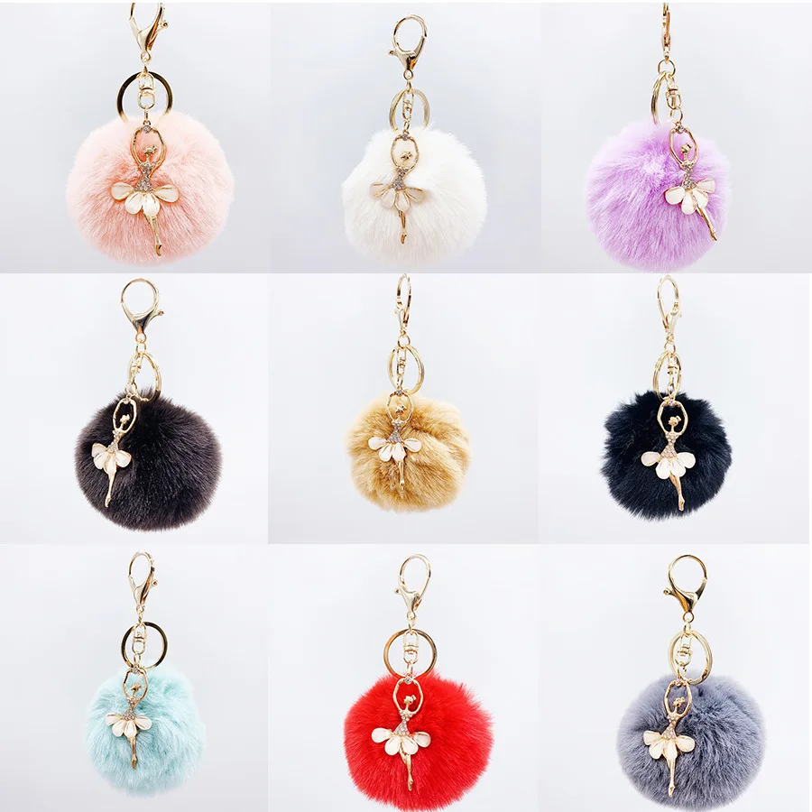 

2020 Cute Rhinestone Little Angel Car keychain fake Fur Key Chain Women Trinket Car bag Key Ring Jewelry Gift fluff keychains