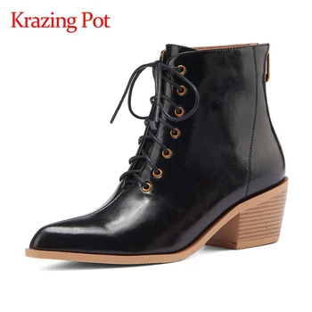 

Krazing pot split leather pointed toe high heel winter shoes cross-tied gladiator vintage top quality fashion ankle boots L43