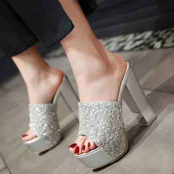 

Karinluna Wholesale Bling Block High Heels Plus Size 43 Shoes Women Platform Party Summer Sandal Mules Slippers Woman