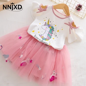 

little Girls Ball Gown Cartoon Unicorn Top and Dress 2pcs Lovely Toddler Girl Birthday Party Events Dress Children Clothing