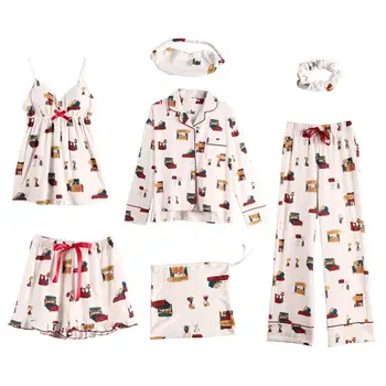 

Spring Autumn 7 Pieces Set Cotton Sleepwear Elegant Women Pajamas Suit Full Sleeve Top Elastic Waist Pants Soft Lounge Nightwear