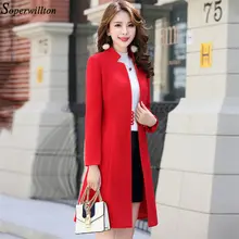 Женское элегантное шерстяное пальто для офиса осень зима однобортная Длинная шерстяная куртка женская верхняя одежда красный тонкий WC2