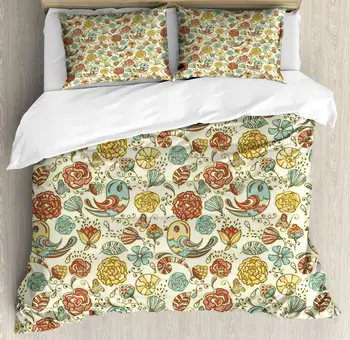 

Floral Duvet Cover Set Artwork of Birds and Various Flower Types Snails Graphic Garden Setting Image Decorative 3 Piece Bedding