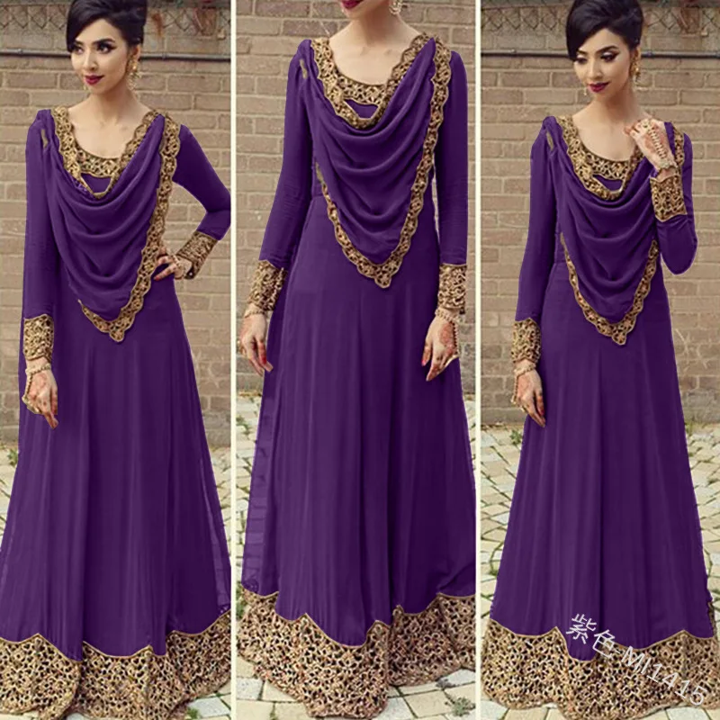 Lugentolo, женское платье, винтажное, кружевное, размера плюс, Saudi, мусульманское, новинка, длинный рукав, сплошной цвет, 5XL, сплайсинг, полое, макси, платье принцессы - Цвет: Фиолетовый