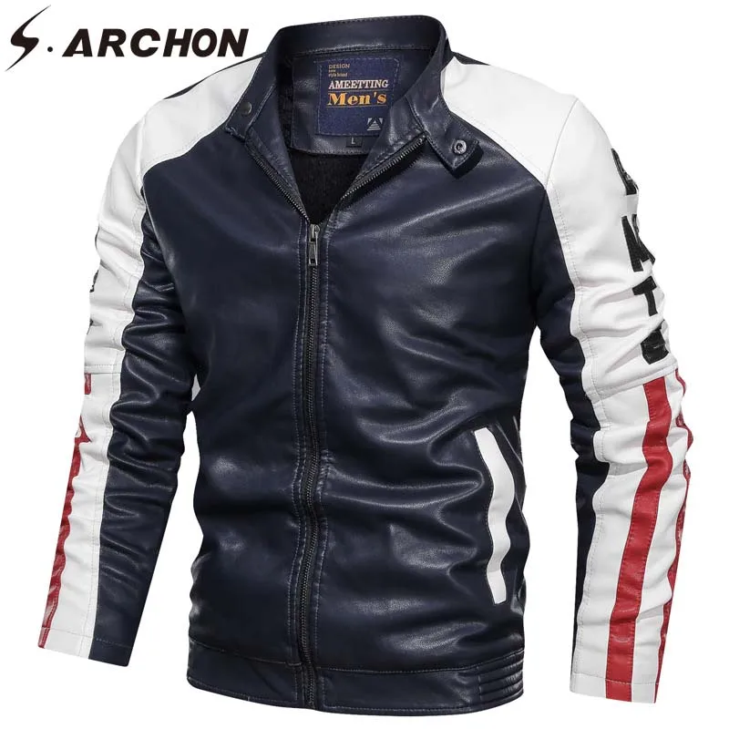 

S.ARCHON New PU Leather Jackets Men Casual Stand Collar Motorcycle Fashion Zipper Pockets Autumn Jacket Coat Leather Jackets