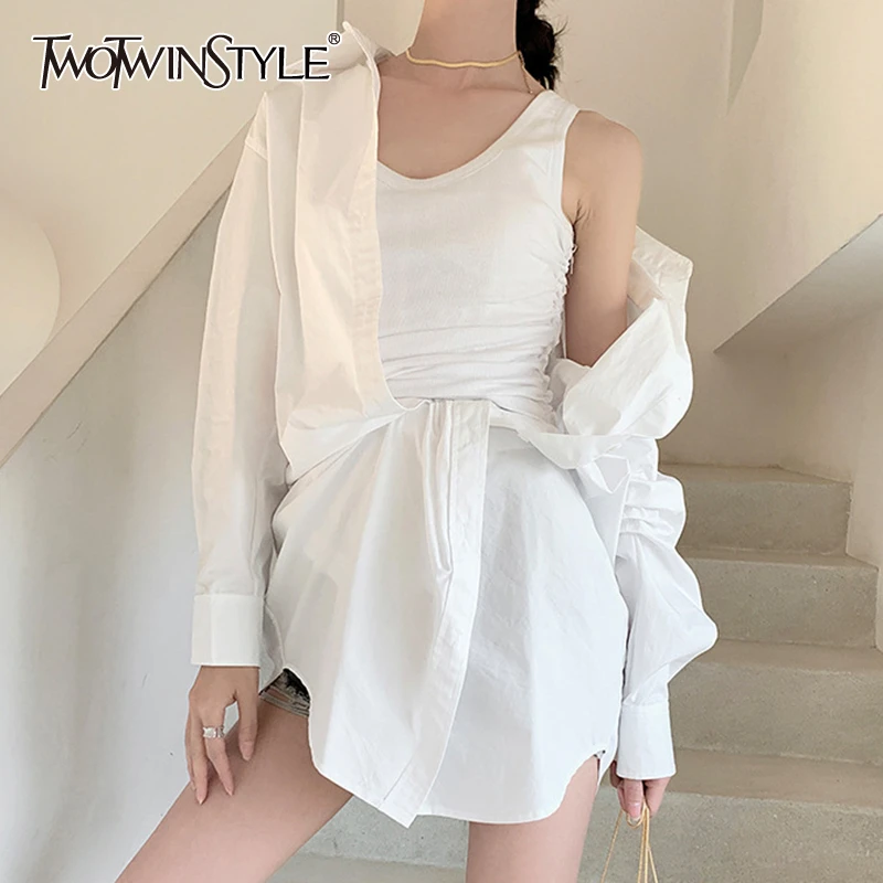 TWOTWINSTYLE Elegant Dresses Female Lapel Collar Long Sleeve High Wiast Irregular Hem Ruched Summer Dress Women Clothes 2020 New TWOTWINSTYLE Elegant Dresses Female Lapel Collar Long Sleeve High Wiast Irregular Hem Ruched Summer Dress Women Clothes 2020 New