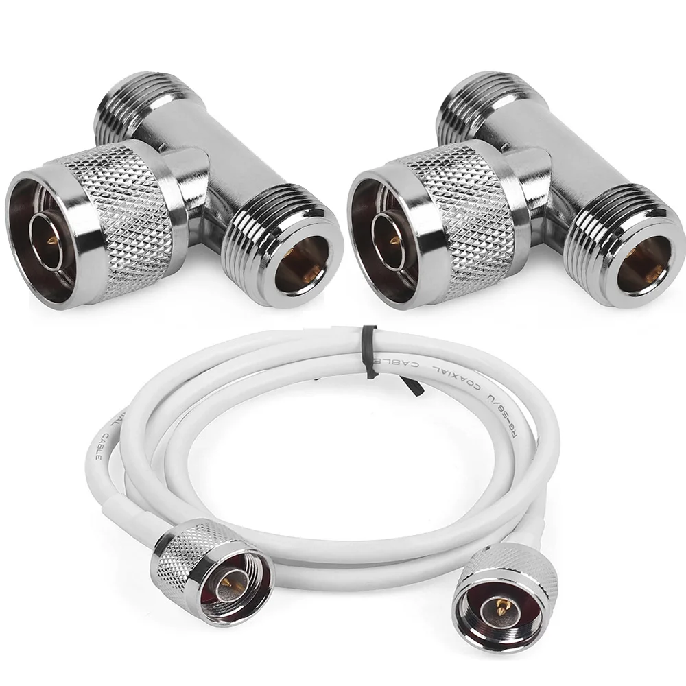 3pc/lot 3 Way N Male Jack to 2 N Female Connector T RF Adapter & 1m N male to N male Connector Cable for Antenna Signal Repeater