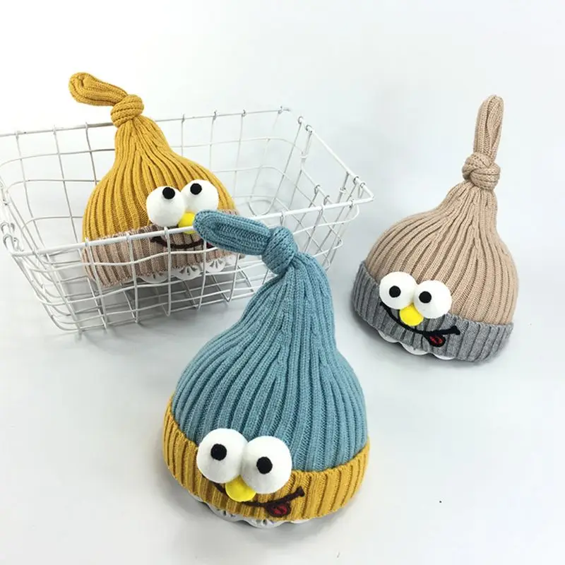 Korean Kids Toddler Knitted Hat Cartoon Big Eyes Contrast Color Kawaii Embroidery Baby Knotted Top Cuffed Beanie Cap 3-1