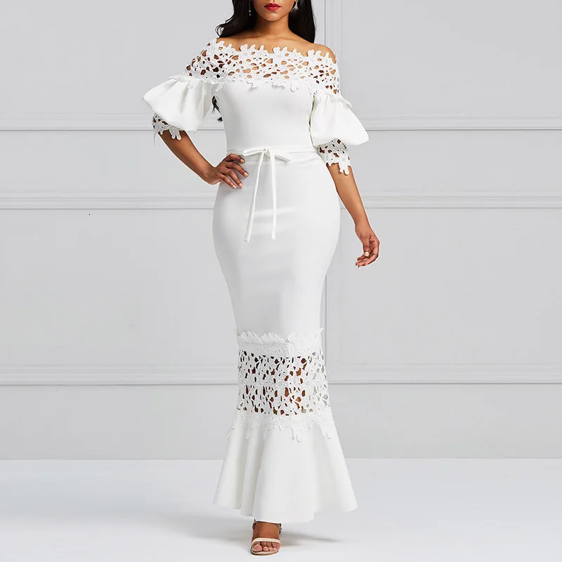 Summer Fall Women Hollow Out Office Work Dress Ladylike Midi White Bodycon Dress Sheath Fashion Puff Sleeve Lace Dress