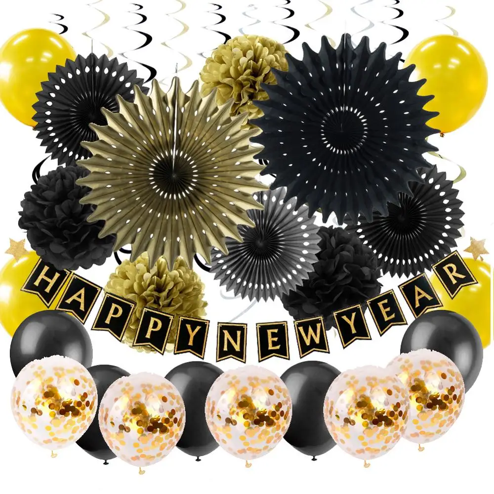 

26pcs 2020 New Year Decorations Christmas Party Supplies Latex Balloons Hanging Paper Fans Happy New Year Banner for Home Decor