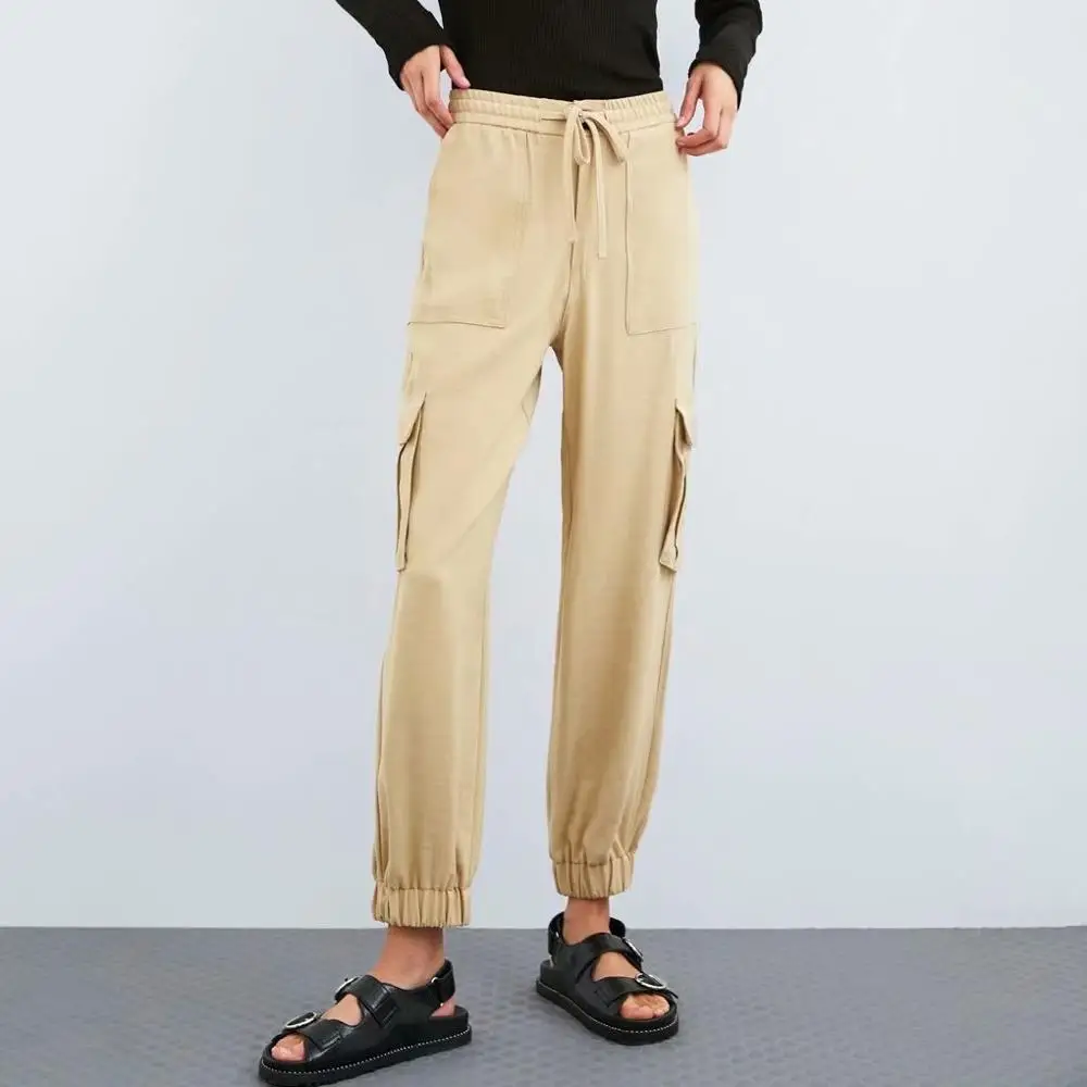 

Women's Khaki Loose Cargo Trousers Casual Autumn High Waist With Pockets Lacing Pants