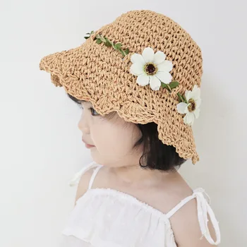 

japanese Style Hollow Flower Hand-woven Straw Hat For Children Lovely Kids Bowknot Short Sunscreen Sun Protection Caps ZL921