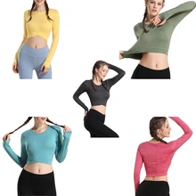 Длинный рукав, для йоги, рубашки для женщин, укороченный топ, открытый пупок, топ для спортзала, рубашки тренировочные футболки, дышащие тренировки, рубашки для бега, новинка, QW