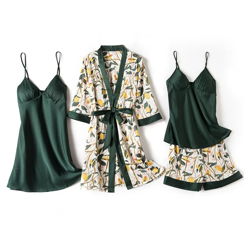 Blue Sleep Set Intimate Lingerie Sexy Nighty&Robe Suit New Women Kimono Bathrobe Gown Satin Print Flower Sleepwear Homewear women sleepwear