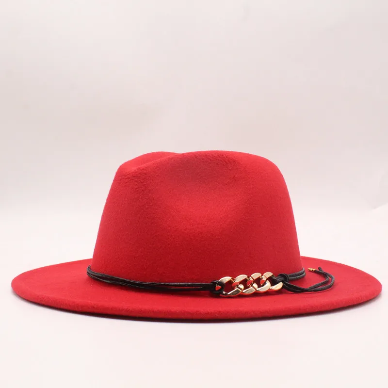 woolen Felt Hat Men Fedora Hats with Chain Women Vintage Trilby Caps Wool Fedora Warm Jazz Hat Chapeau Femme feutre Panaman hat