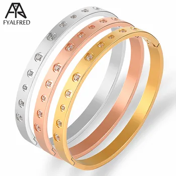 

FYALFRED Couple Bangles Fashion Crystals Bracelets for Women Men Bangle Gold Color Stainless Steel Jewelry Party Love Bangle