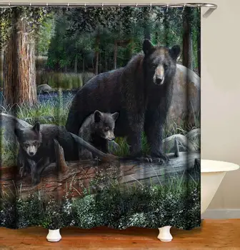 

Wildlife Cute Black Bear Family in Forest Shower Curtain ch Home Decorative Polyester Bath Curtain with 12 Hooks