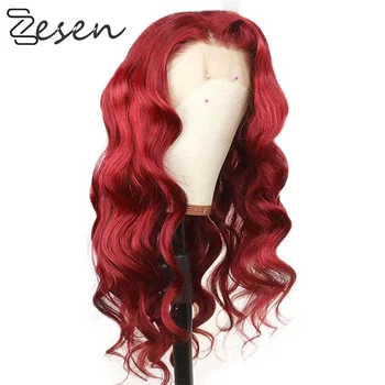 

Zesen 24 Inches Long Body Wave Red Synthetic Lace Front Wig High Temperature Hair Wigs For Fashion Women Middle Part