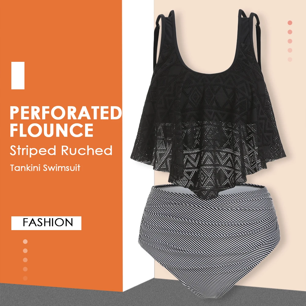 Perforated Flounce Floral Striped Ruched Tankini Swimsuit