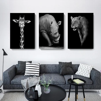 

Animal Canvas Painting Lion Deer Elephant Zebra Bear Swan Wall Art Posters Black Modern Home Decoration Aisle Living Room Decor