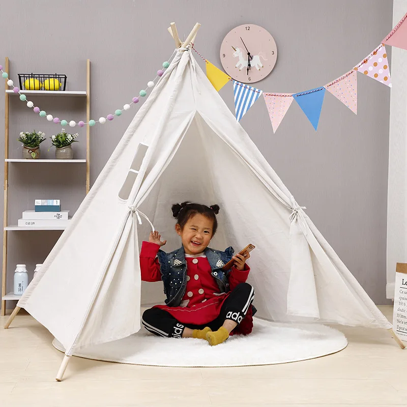 Kids Foldable Play Tent for Indoor Outdoor, Raw White Canvas Teepee - Kids Playhouse - Portable Kids Tent