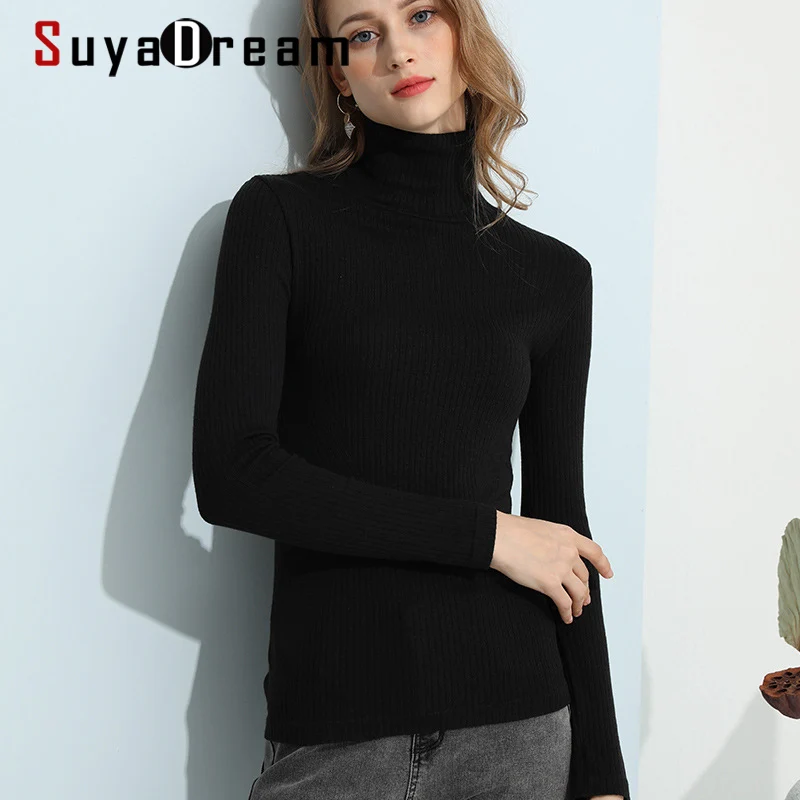 

SuyaDream Woman White Black Sweaters Silk and Modal Turtlneck Ribs Pullovers 2020 Fall Winter Solid Basic Shirts