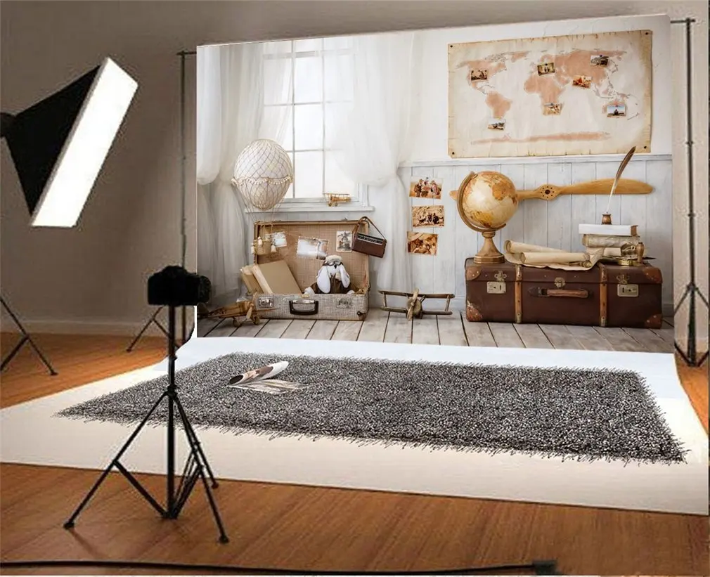 

Photography Backdrop Indoor World Map White Curtain Vintage Stripes Wood Floor Scene Photo Background Party