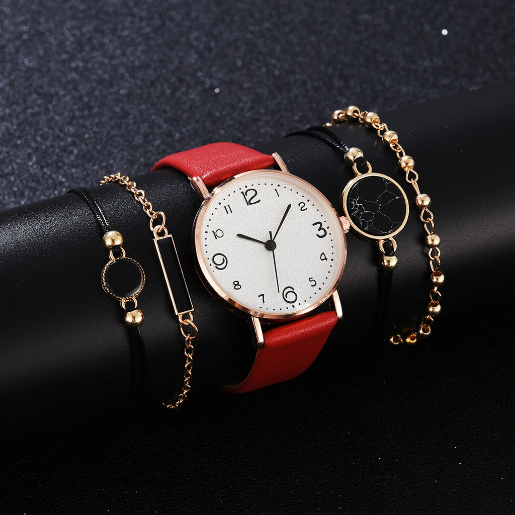 5pcs Set Watch For Women Luxury Leather Analog Ladies Quartz Wrist Watch Top Style Fashion Bracelet Watch Set Relogio Feminino