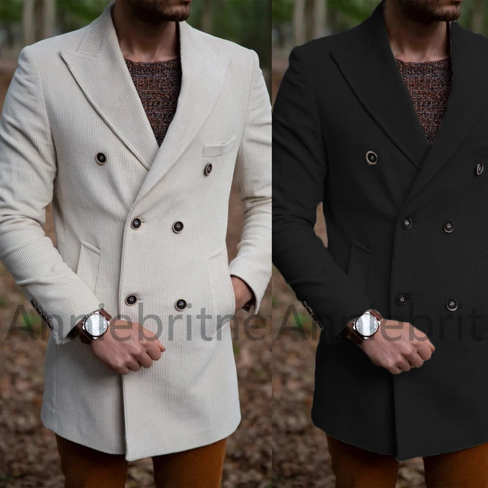 Handsome Men's Winter Long Jacket White Corduroy 2022 Fashion Overcoat