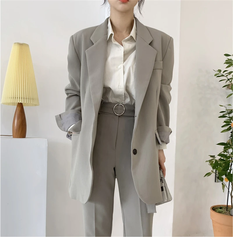 YAMDI Женский блейзер комплект Женский однобортный пиджак+ брюки с высокой талией винтажные брюки костюм осень 2 шт