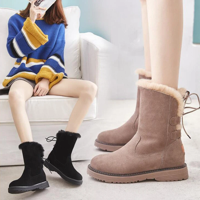 Winter Leather Warm Snow Shoes Women Boots mid-calf Plush Fur Velvet Boots Female shoes Booties Woman Footwear y190