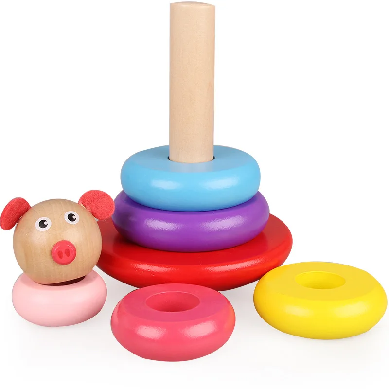 Children s wooden educational toy colored animal building tower cute animal shape building blocks cognitive game 3