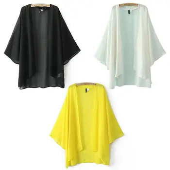 

Hot Sale Sexy Transparent Blouse Loose Bikini Cover Outwear Women Solid Color Chiffon Kimono Cardigan