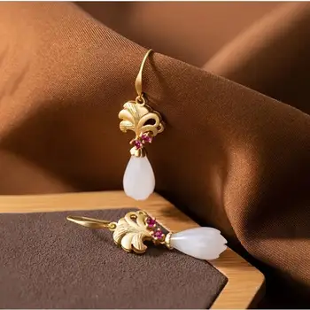 

SNew silver inlaid natural Hetian jade earrings Chinese style retro magnolia charm diamond niche design women's brand jewelry