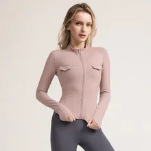 Розовая спортивная куртка с воротником-стойкой, Женская облегающая куртка на молнии для бега и йоги, эластичная Спортивная одежда для занятий спортом с отверстиями для большого пальца